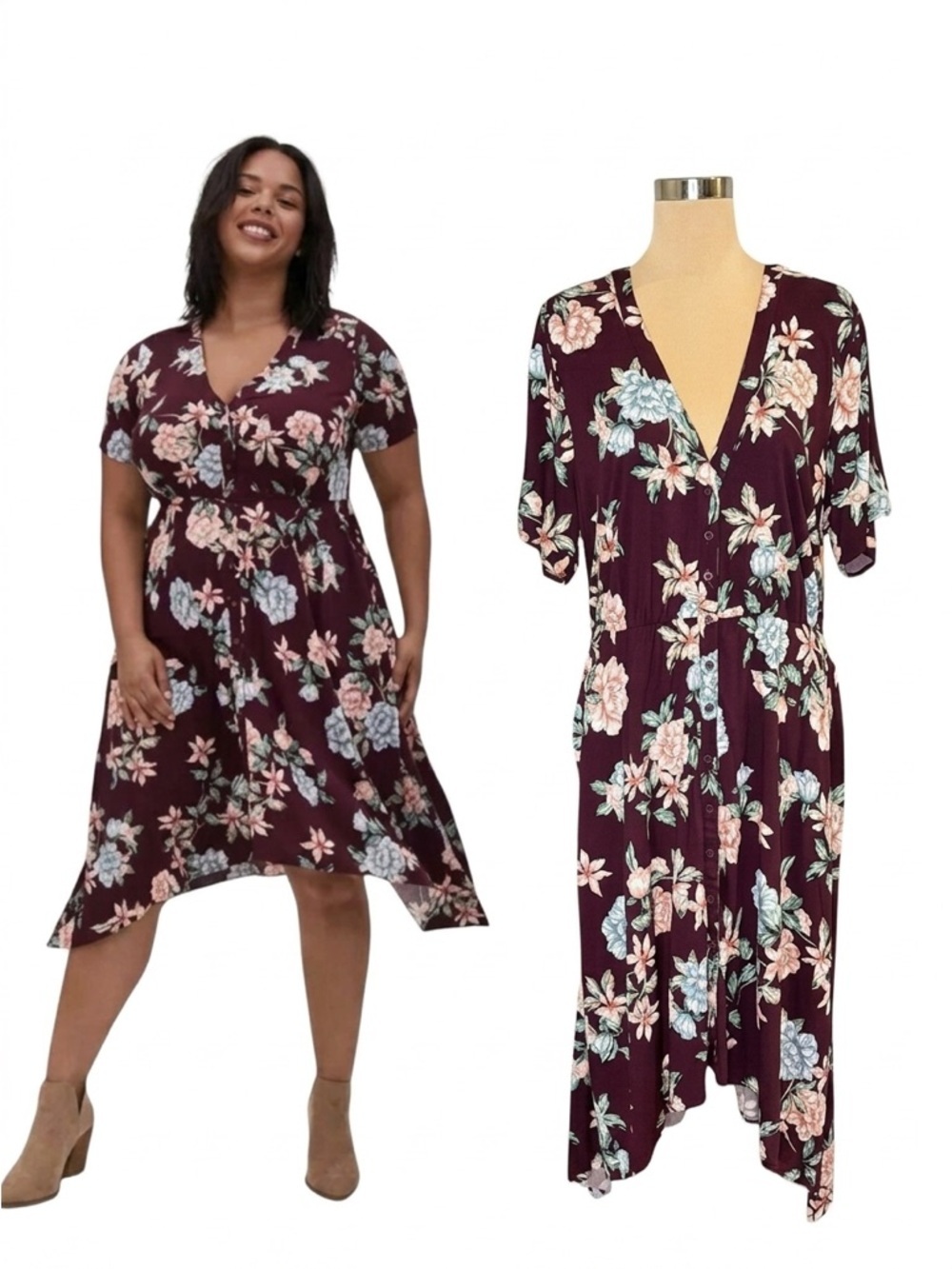 Torrid Floral Shirt Midi Dress Sz.XL Burgundy Button Front Short Sleeve Flowy